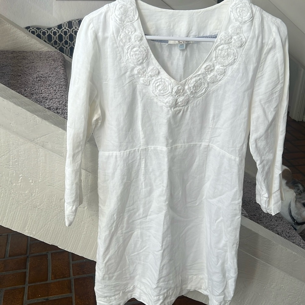 Boden summer white linen/ cotton rosette neckline dress size 4